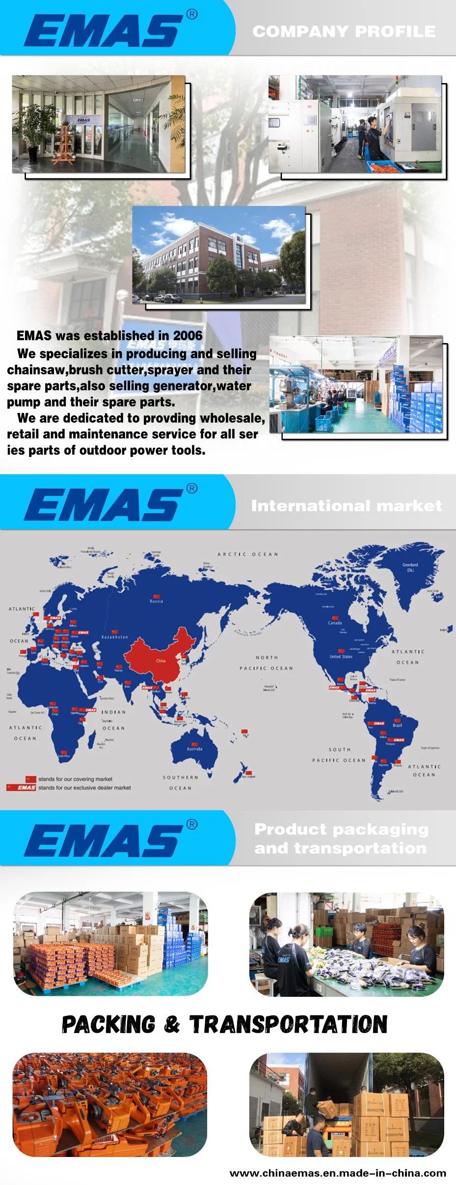 Emas Hot Sale Professional 65cc/72cc Gasoline Chain Saw Motosierra (365/372)